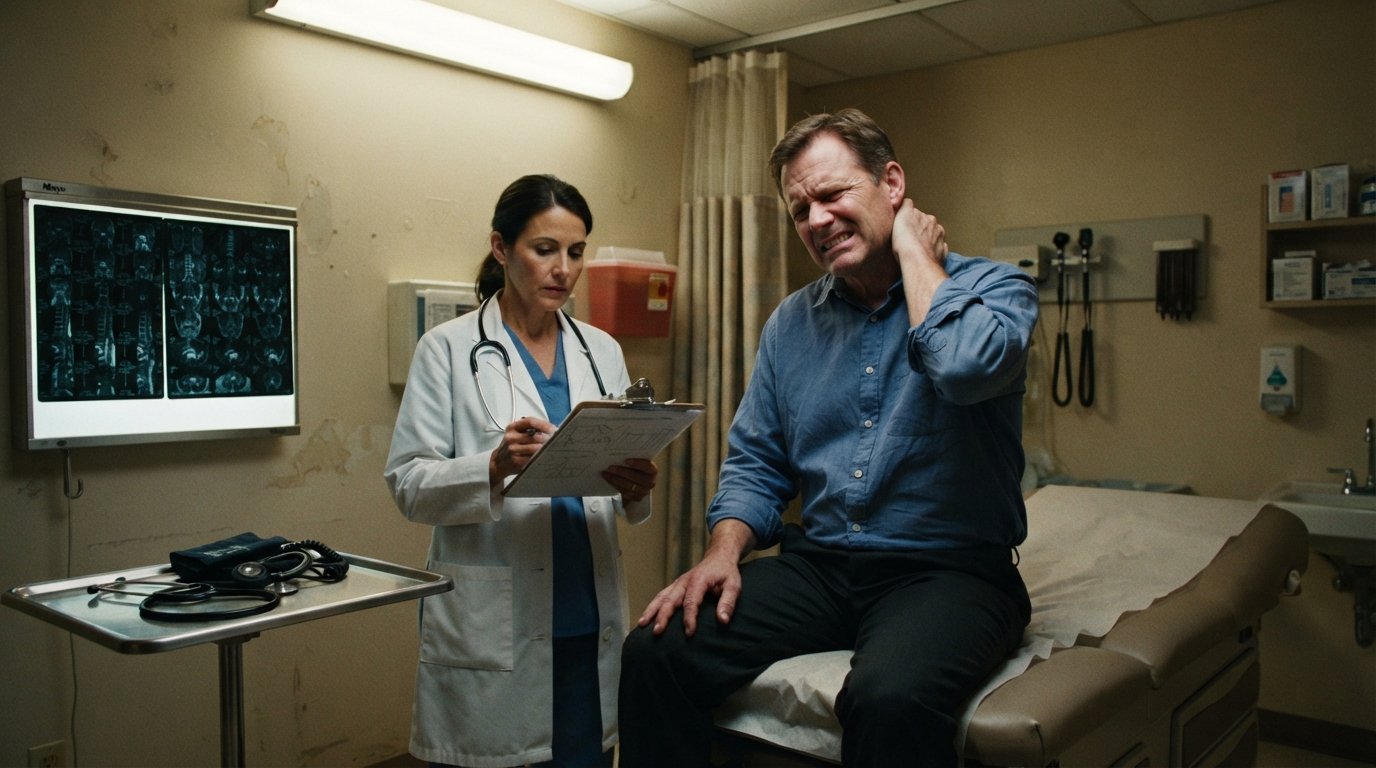 Injured man in a blue shirt touches his neck while a doctor reviews medical charts beside MRI films in an exam room