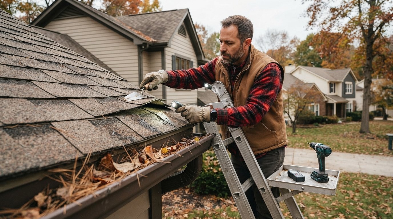 Person on a ladder uses a trowel and flashlight to examine cracked asphalt shingles on a two-story house; gutter holds dry…
