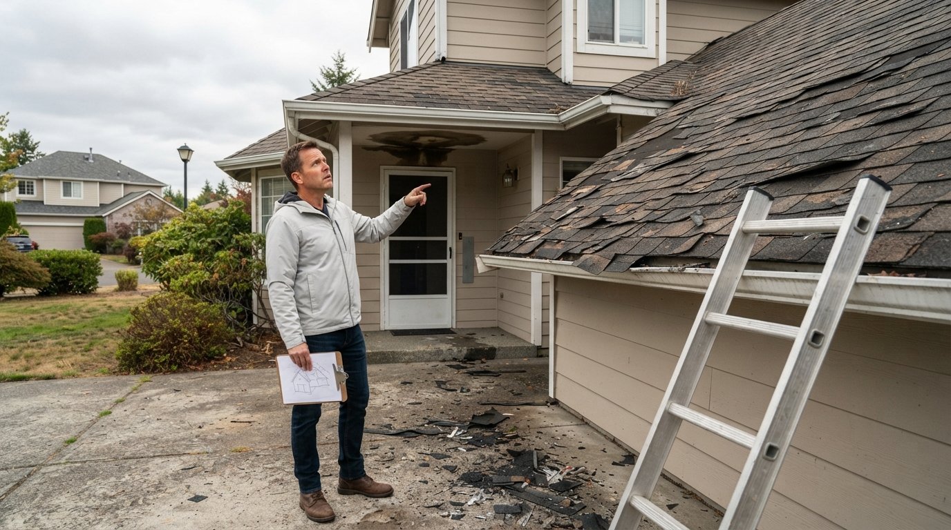 Homeowner in a light jacket stands on a driveway looking up at a weathered asphalt shingle roof with curling edges, a…