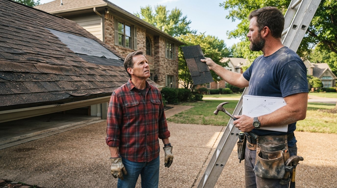 Homeowner in plaid shirt and contractor with ladder inspect curling asphalt shingles and exposed underlayment on a…