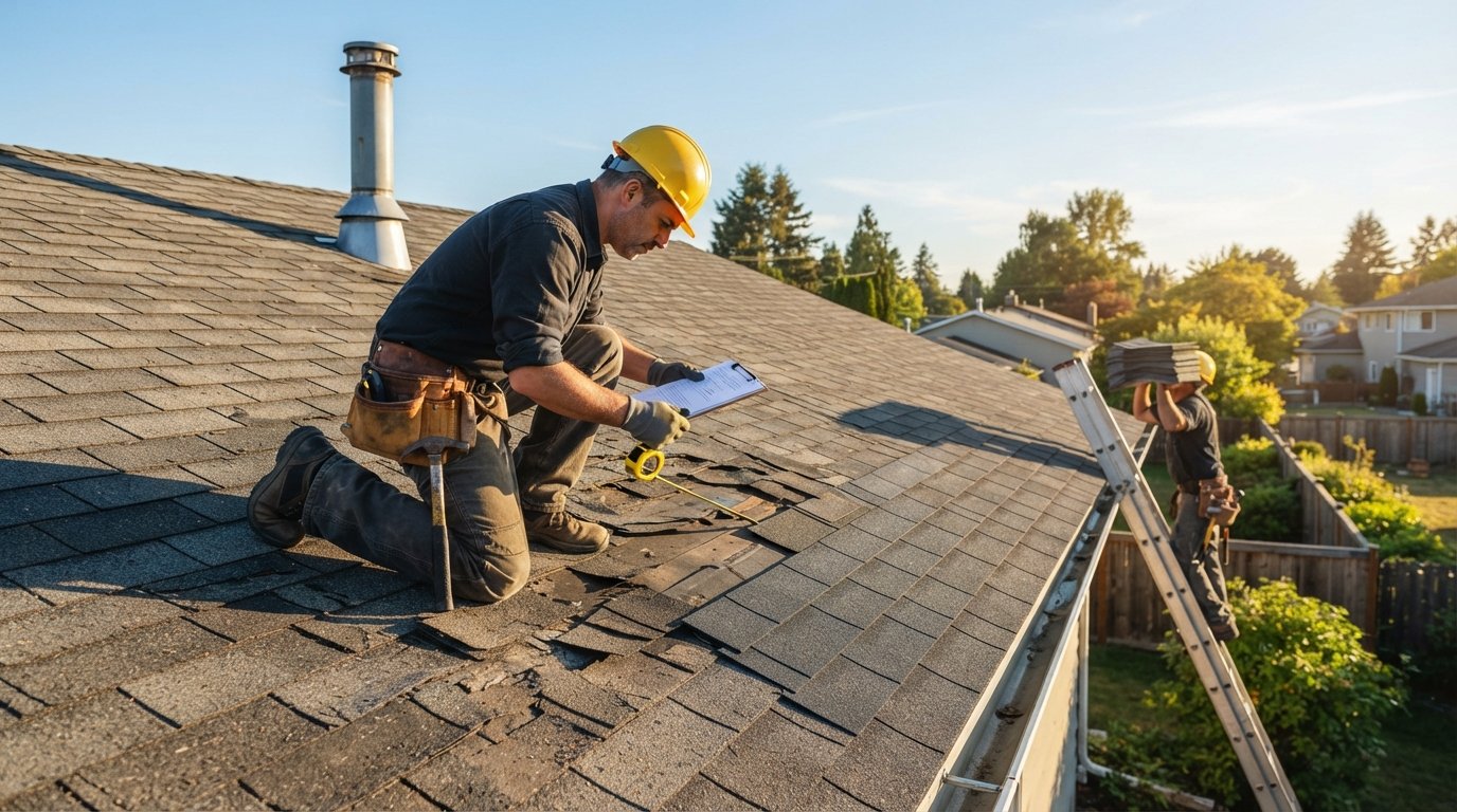 Roofing contractor in a work helmet kneeling on an asphalt shingle roof, inspecting cracked and missing shingles next to a…