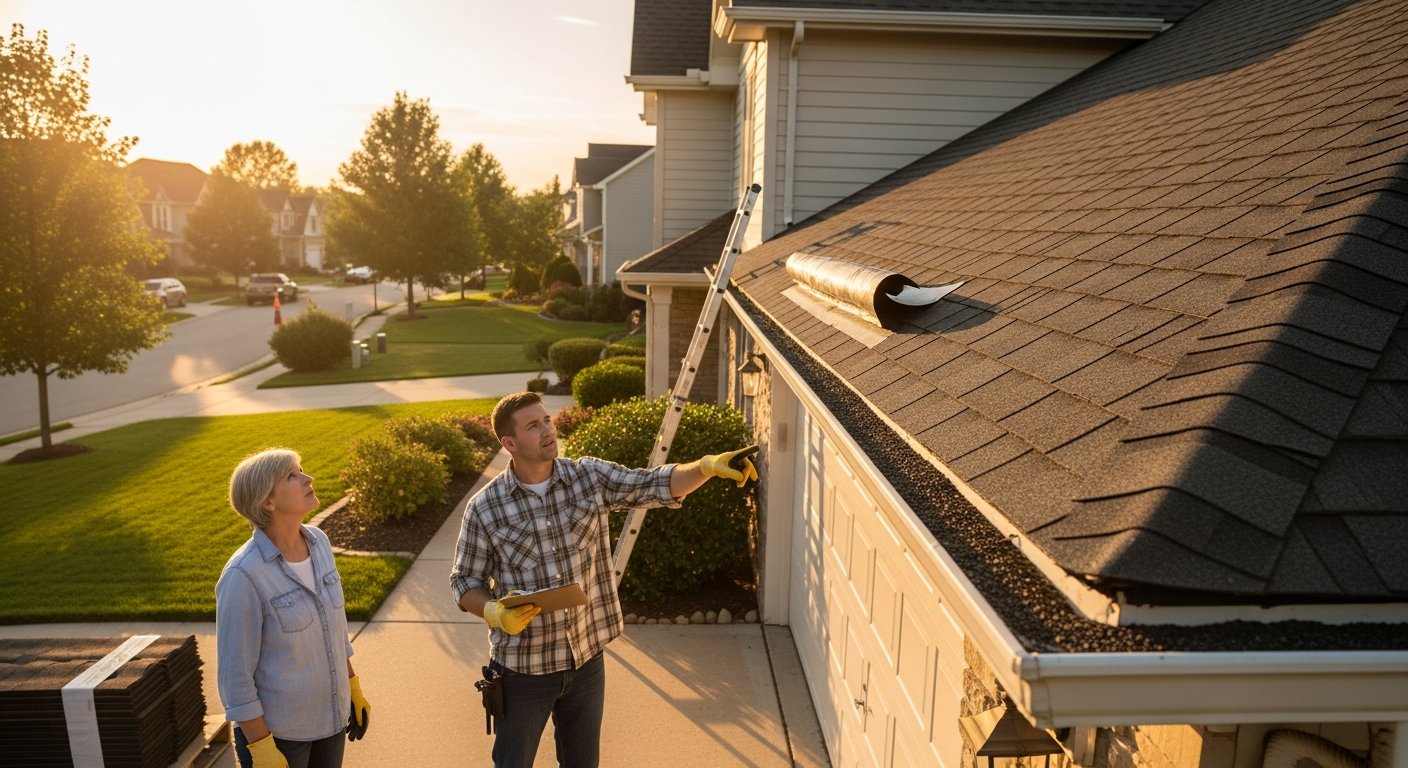 Homeowner and contractor in driveway looking up at worn asphalt shingles with curled edges and granules in gutter