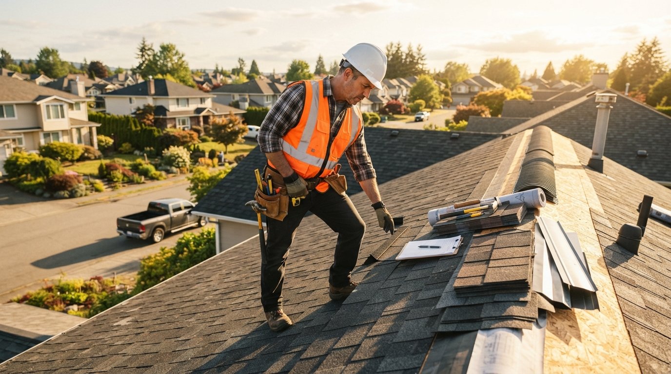 Roofing contractor in a hard hat and tool belt inspecting partially installed dark asphalt shingles on a residential roof,…