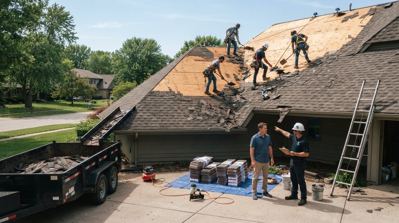 Roofing crew in safety harnesses removes weathered asphalt shingles from a steep residential roof as a homeowner and…