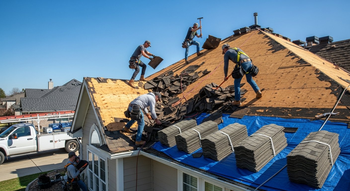 Roofers in safety harnesses remove weathered asphalt shingles from a steep home roof on a sunny morning, with new shingles…