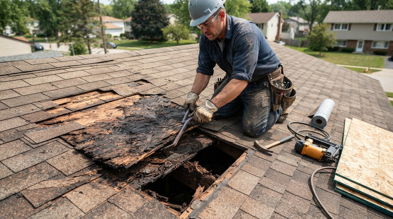 Contractor in hard hat and gloves prying up a rotted plywood roof panel beside exposed shingles, replacement OSB sheets and…