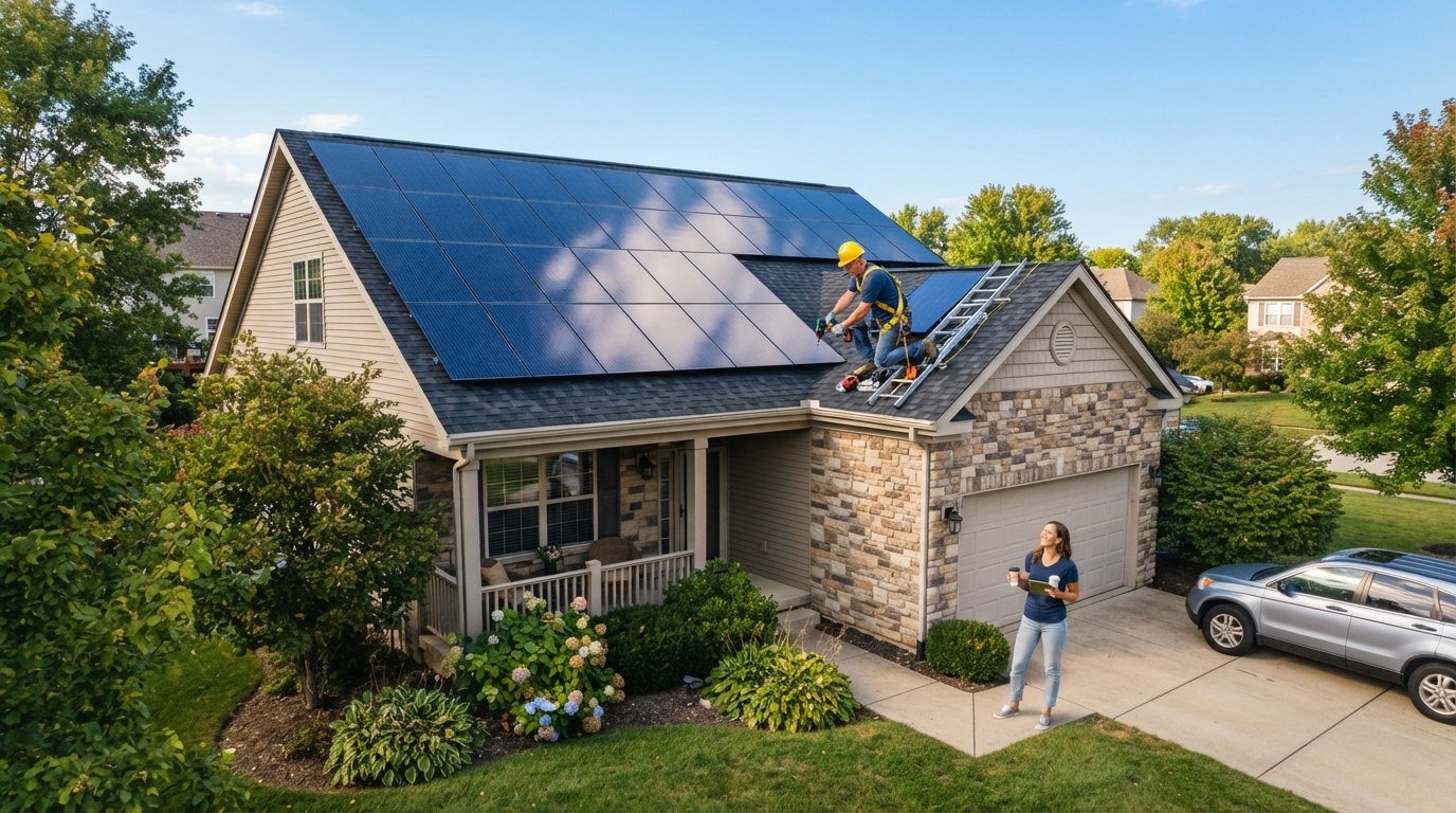 Worker in a yellow hard hat and safety harness drills a solar panel on a dark blue rooftop array while a woman watches from…