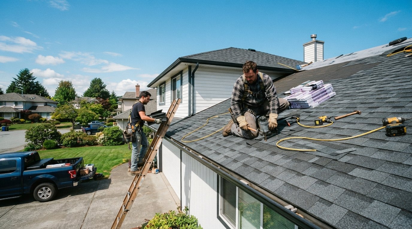 Two roofing contractors in work boots and gloves replace dark asphalt shingles on a steep roof under a clear blue sky
