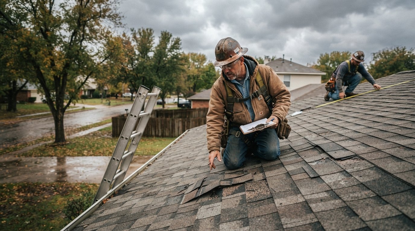 Roofer in hard hat kneeling on a sloped asphalt shingle roof, clipboard in hand, inspecting granule loss and displaced…