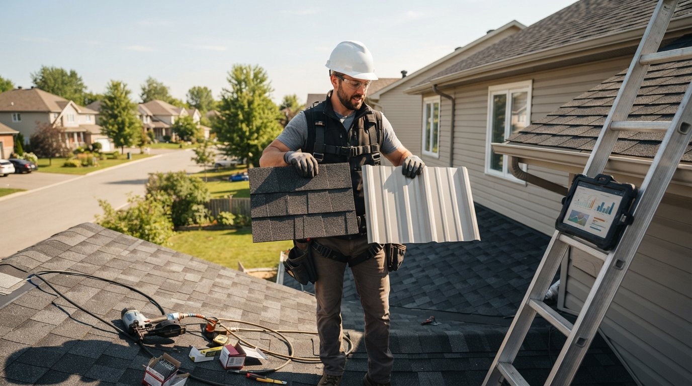 Roofing contractor in a work vest and hard hat on a rooftop holding an asphalt shingle and a metal panel side by side, with…