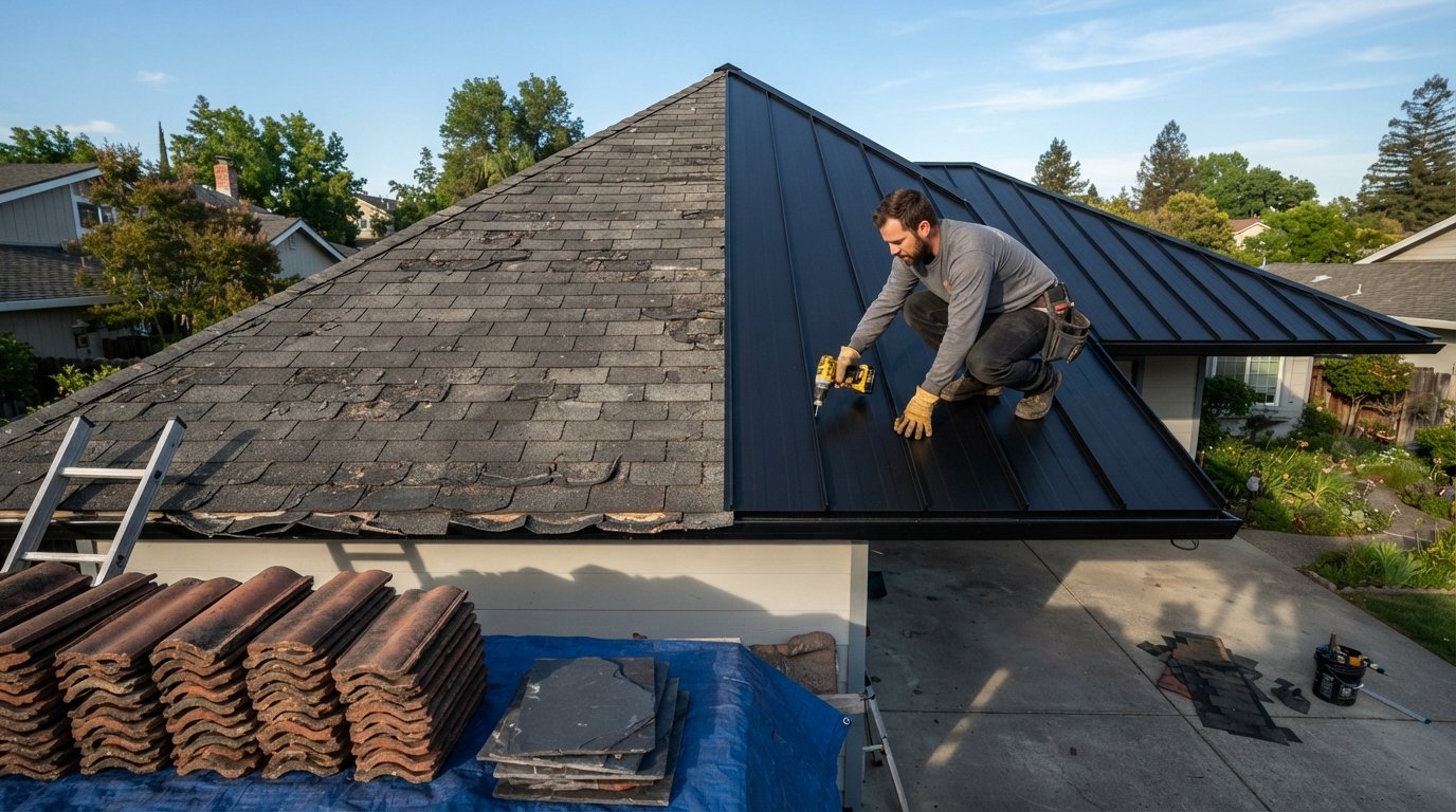 Split view of a roof with aged asphalt shingles on the left and a contractor installing new black metal standing-seam…