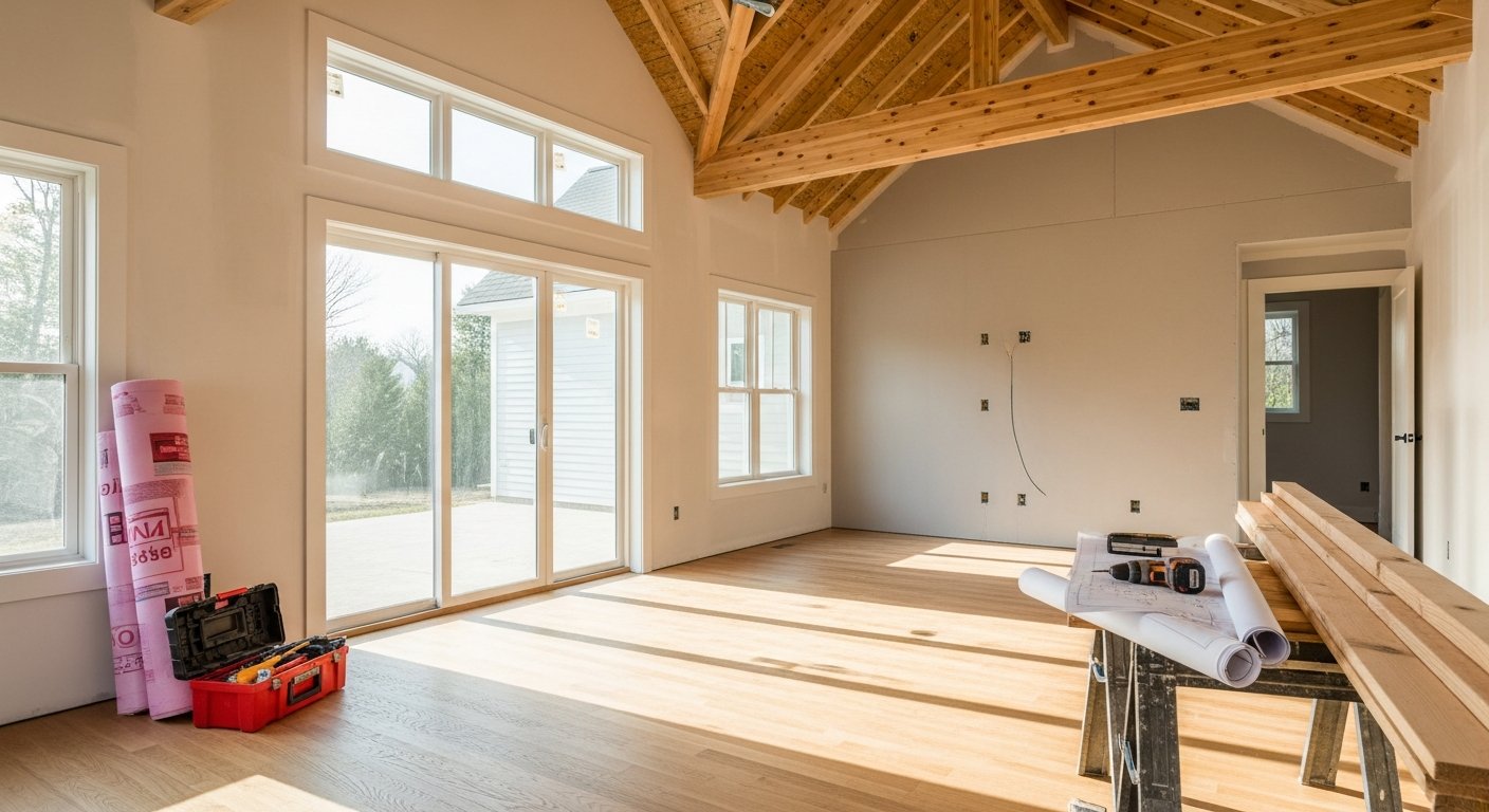 Newly built room addition with vaulted wooden ceiling, sliding glass doors, oak flooring, and a contractor in a khaki vest…