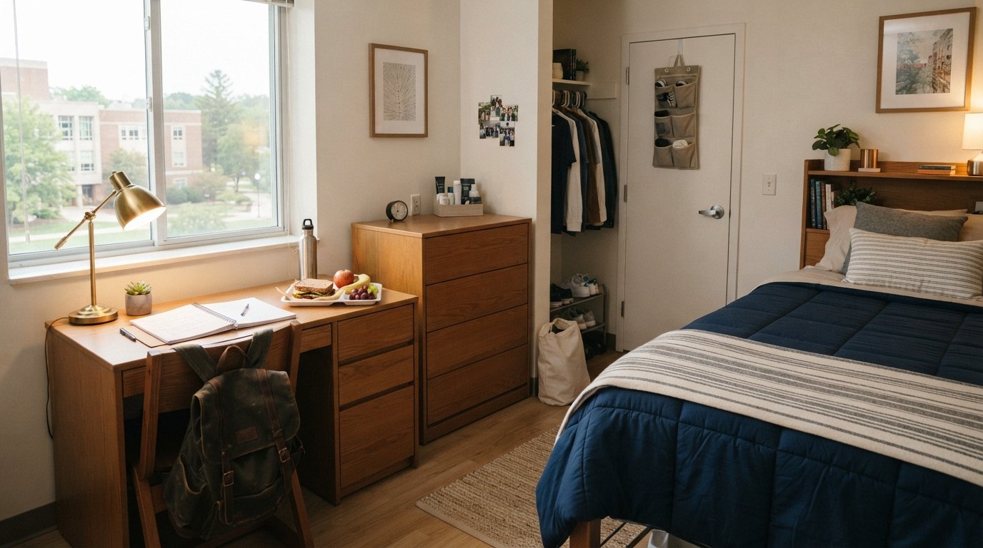 Tidy dorm room with a twin bed, wooden desk, lamp, open notebook, backpack on chair, and a meal tray with a sandwich and…