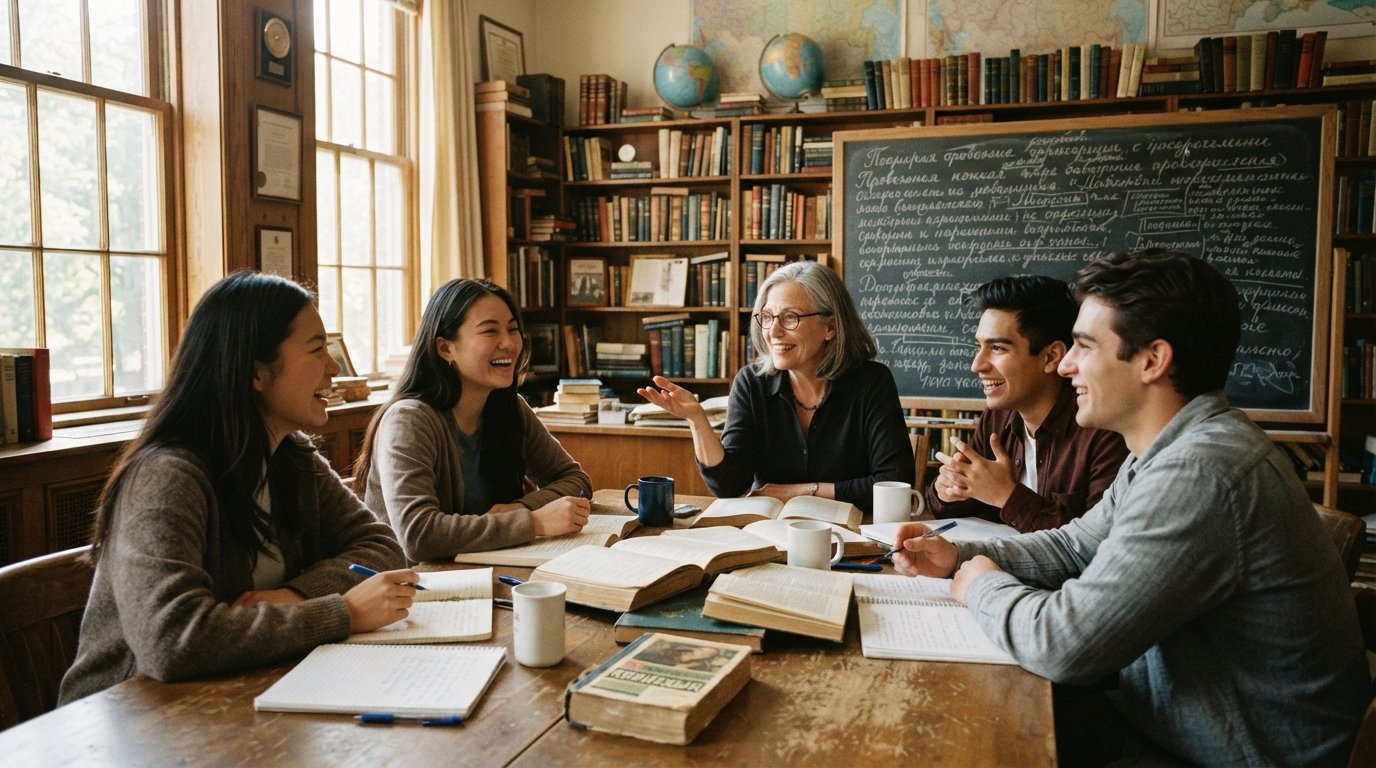 University students and a professor discuss open books and notebooks around a wooden seminar table in a sunlit, book-lined…