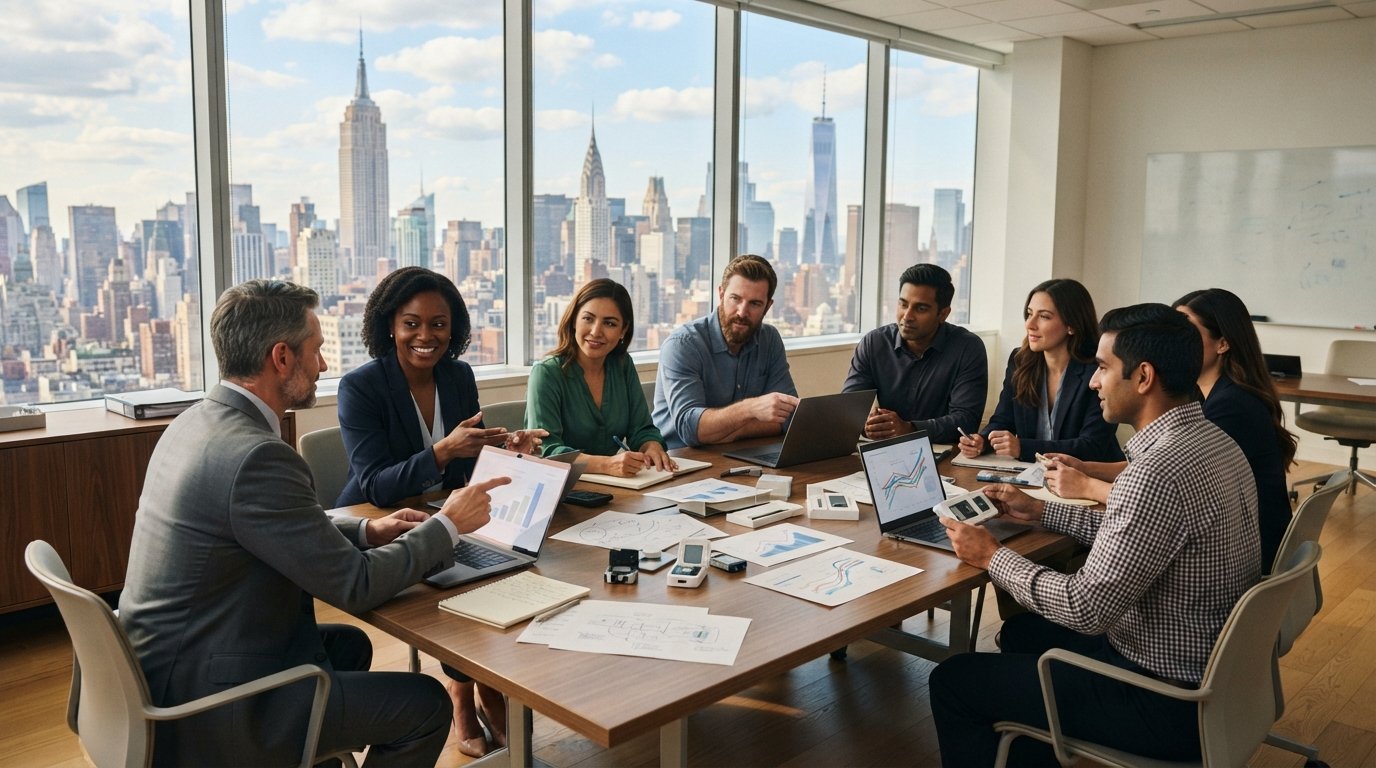 Adult graduate students in business attire collaborate around a conference table in a sunlit Manhattan classroom with…