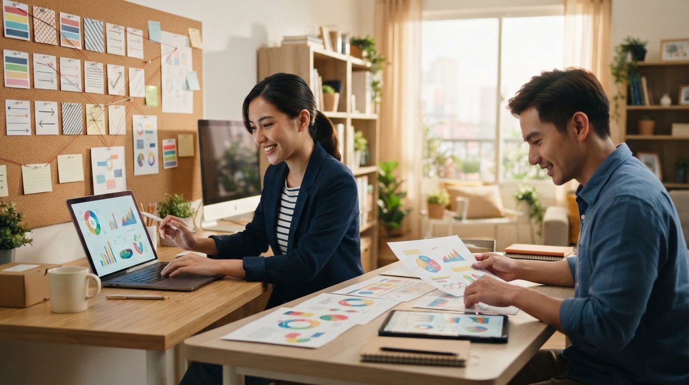 Two adults at a home table, one in a blazer using a laptop with colorful charts, the other reviewing printed materials and…
