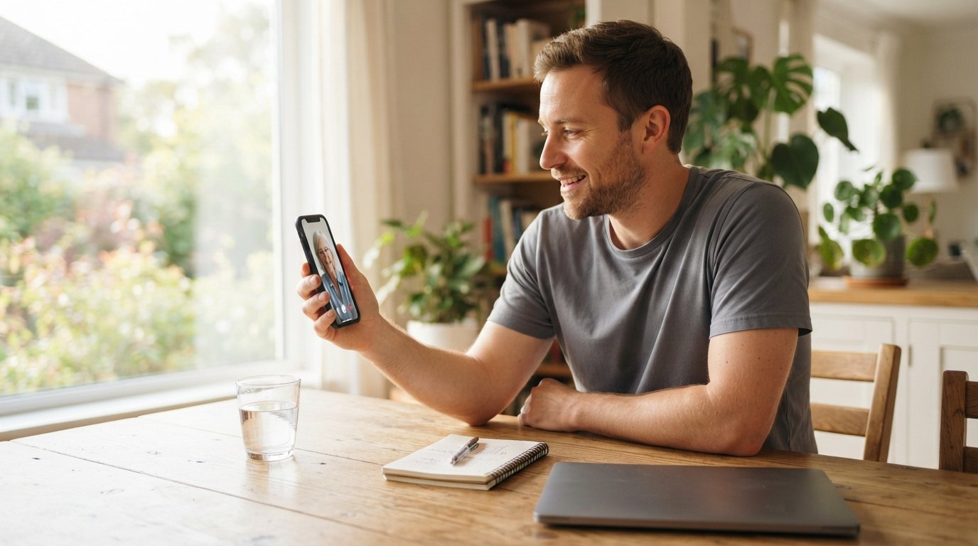 Man in gray t-shirt at a kitchen table holding a smartphone showing a clinician on a video call, with a notebook, laptop,…