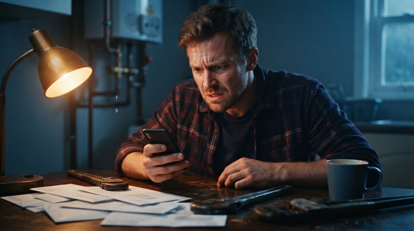 Man in flannel shirt at kitchen table at dusk, holding smartphone beside a wrench, leaking pipe, bills, and coffee mug