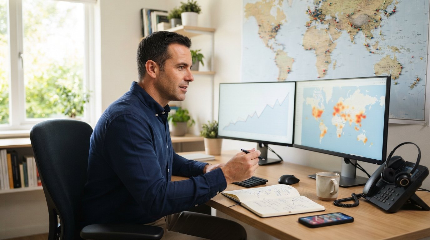Publisher in navy shirt reviewing rising line graphs and geographic heat maps on dual monitors in a home office, with a…