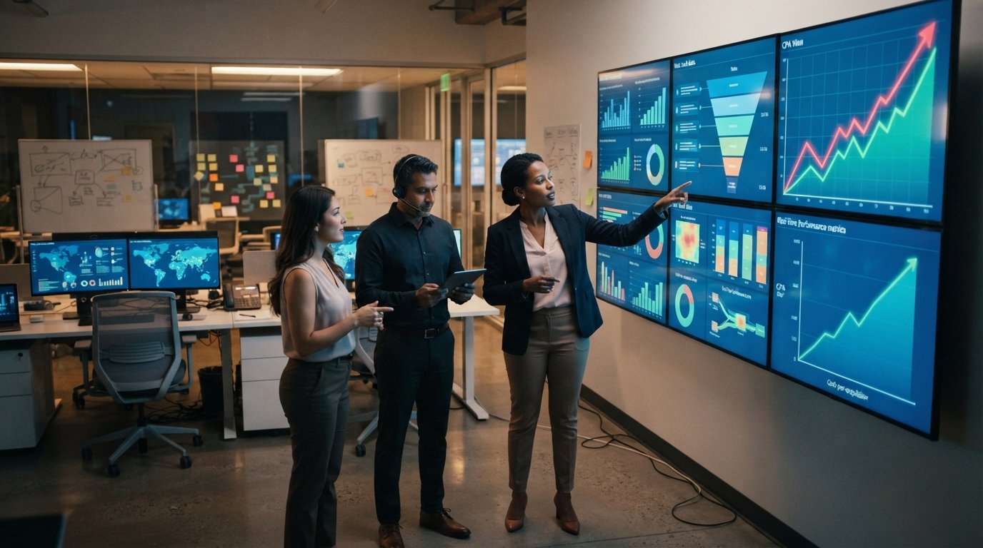 Three marketing professionals review rising graphs and call-tracking dashboards on wall monitors in a modern operations…