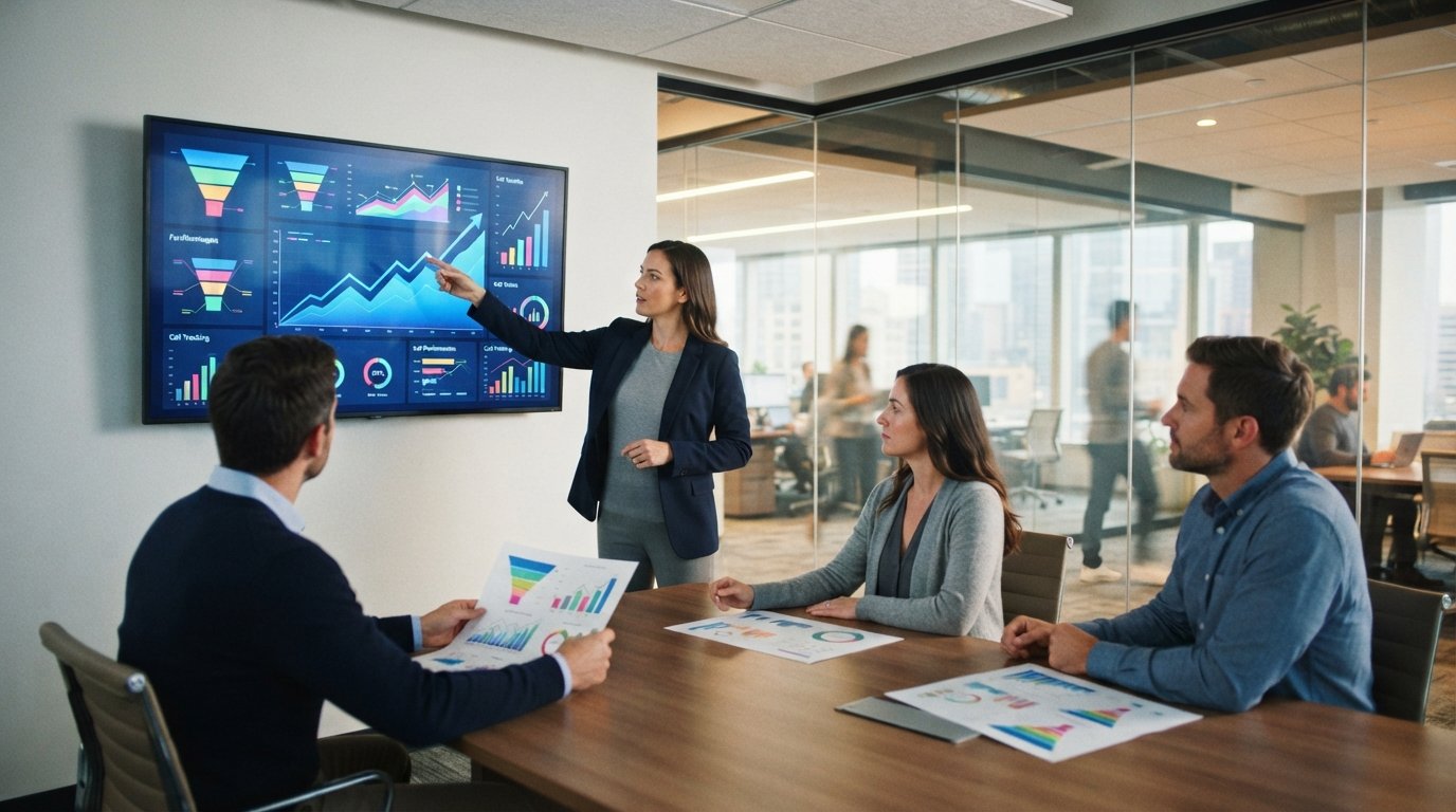 Marketing team in a glass-walled office reviewing lead generation dashboards, with an analyst pointing at a rising growth…