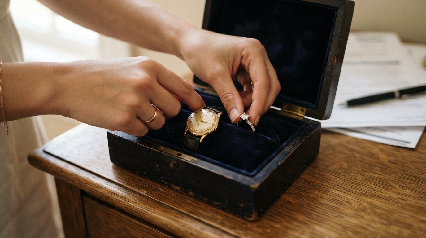 Hands placing a diamond engagement ring and gold watch into a dark velvet jewelry box on a wooden dresser