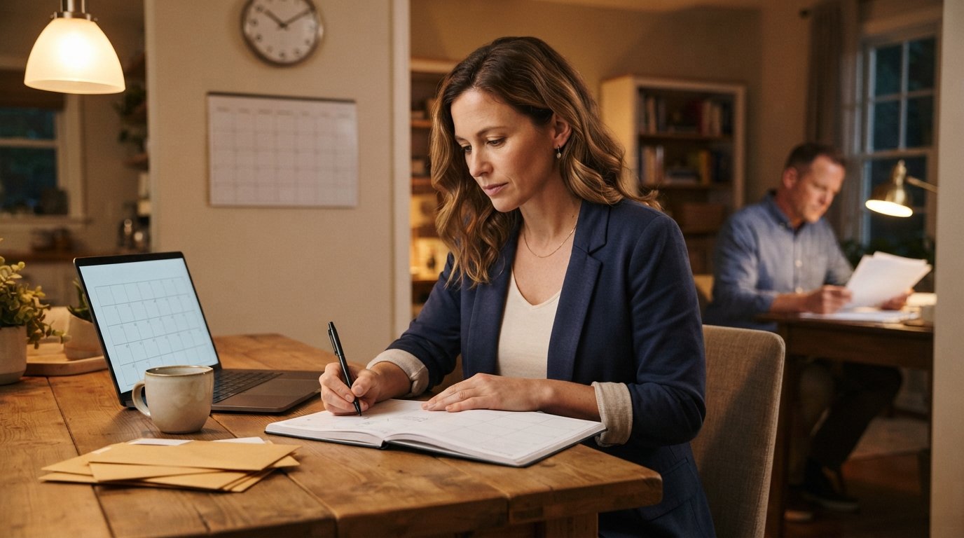 Woman in a blazer writes in a planner at a kitchen table beside a laptop with a blank calendar, coffee mug, envelopes, and…