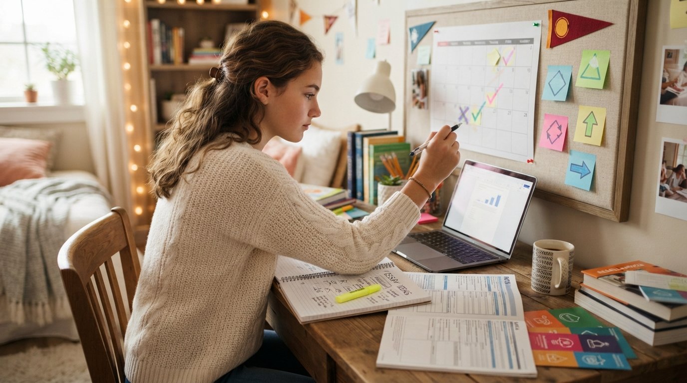 High school senior in a sweater marks a wall calendar at a desk with a laptop, sticky notes, scholarship brochures, an open…