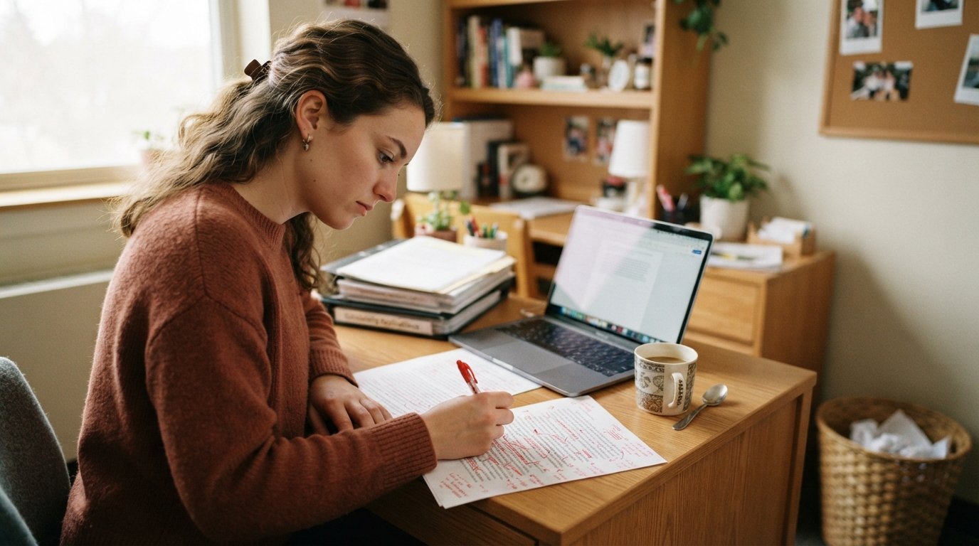 Student at a wooden desk marks corrections in red pen on a printed essay draft beside a laptop, scholarship packets, and…