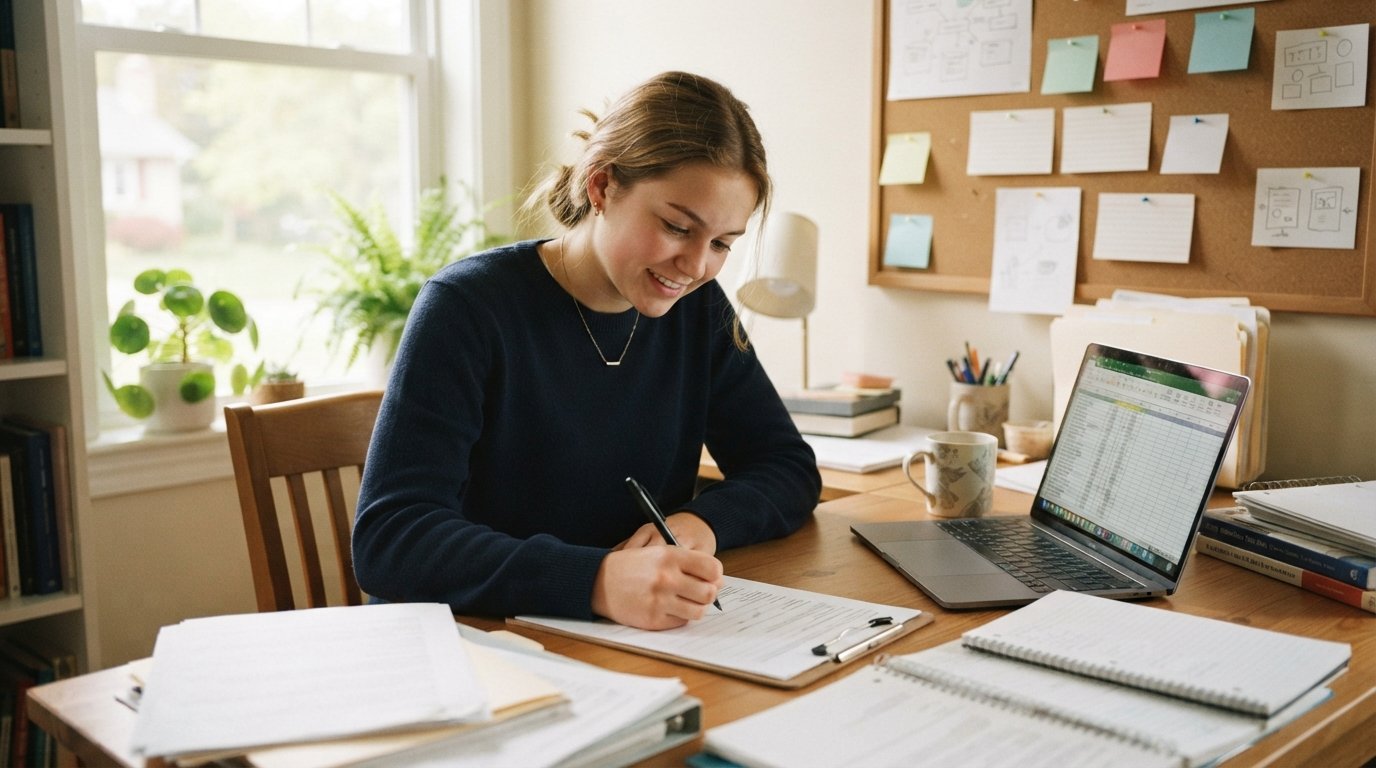 A high school student reviews scholarship applications at a wooden desk with a laptop, papers, and a corkboard of deadline…