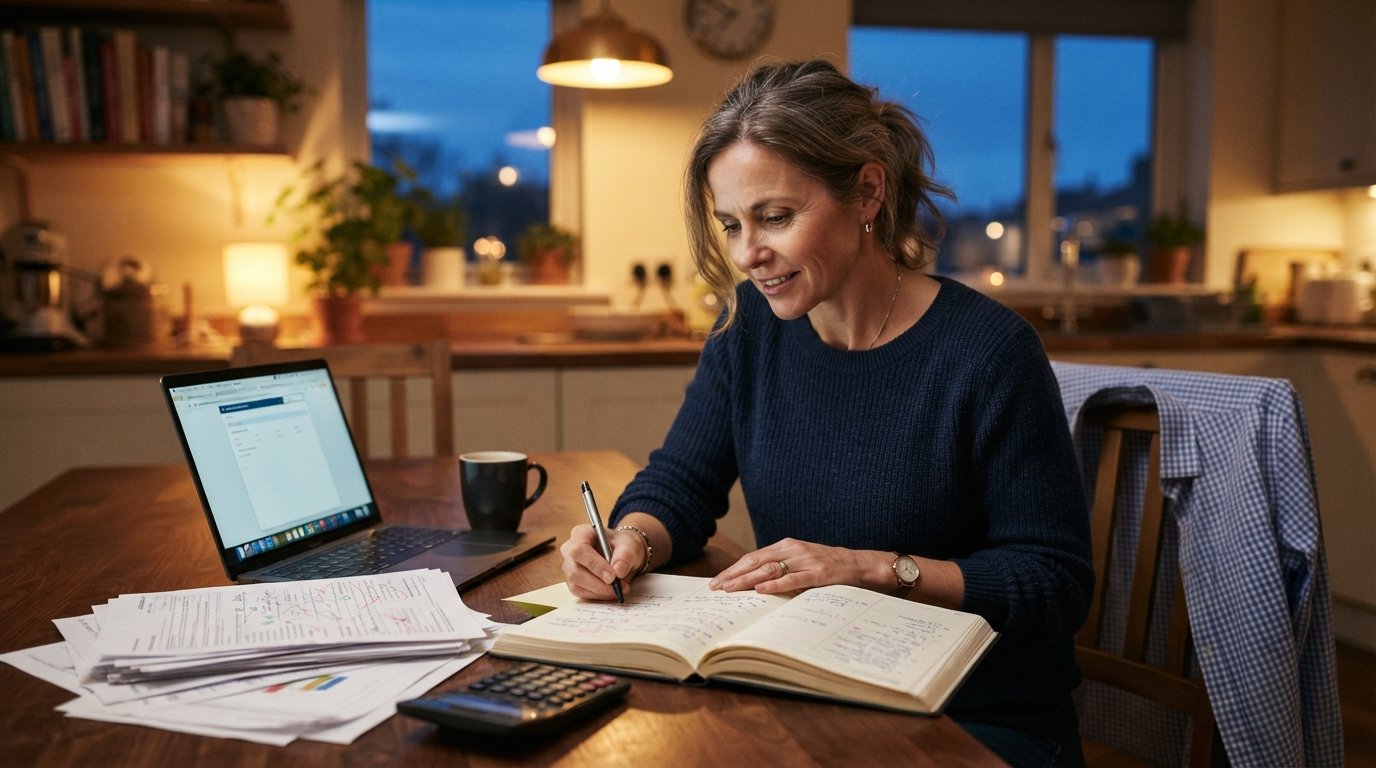 Woman in her 40s writes in a planner beside a laptop, scholarship papers, calculator, and coffee mug at a warmly lit…