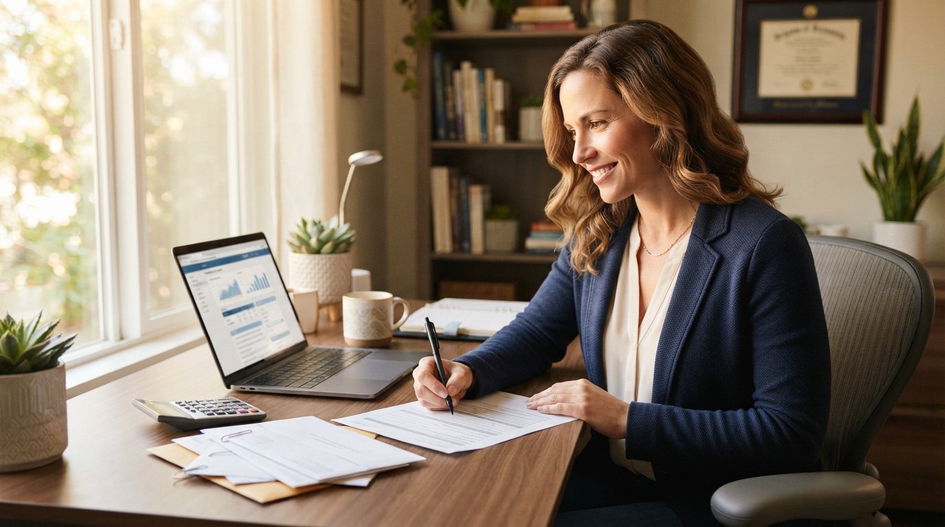 Woman in her late 30s reviewing a scholarship application at a bright home office desk with a laptop and acceptance letters
