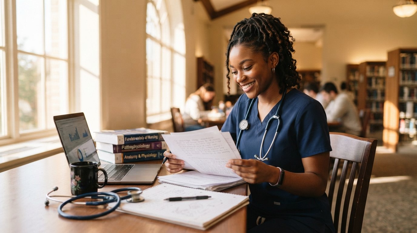 Black nursing student in navy scrubs with a stethoscope reviewing scholarship documents at a sunlit library table with…