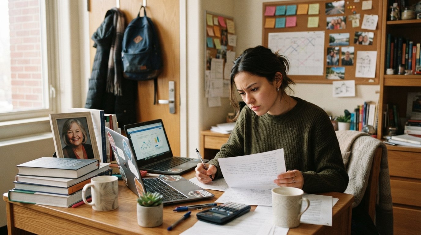 Young adult at a dorm desk reviewing scholarship papers beside textbooks, a laptop, calculator, coffee mug, and a small plant
