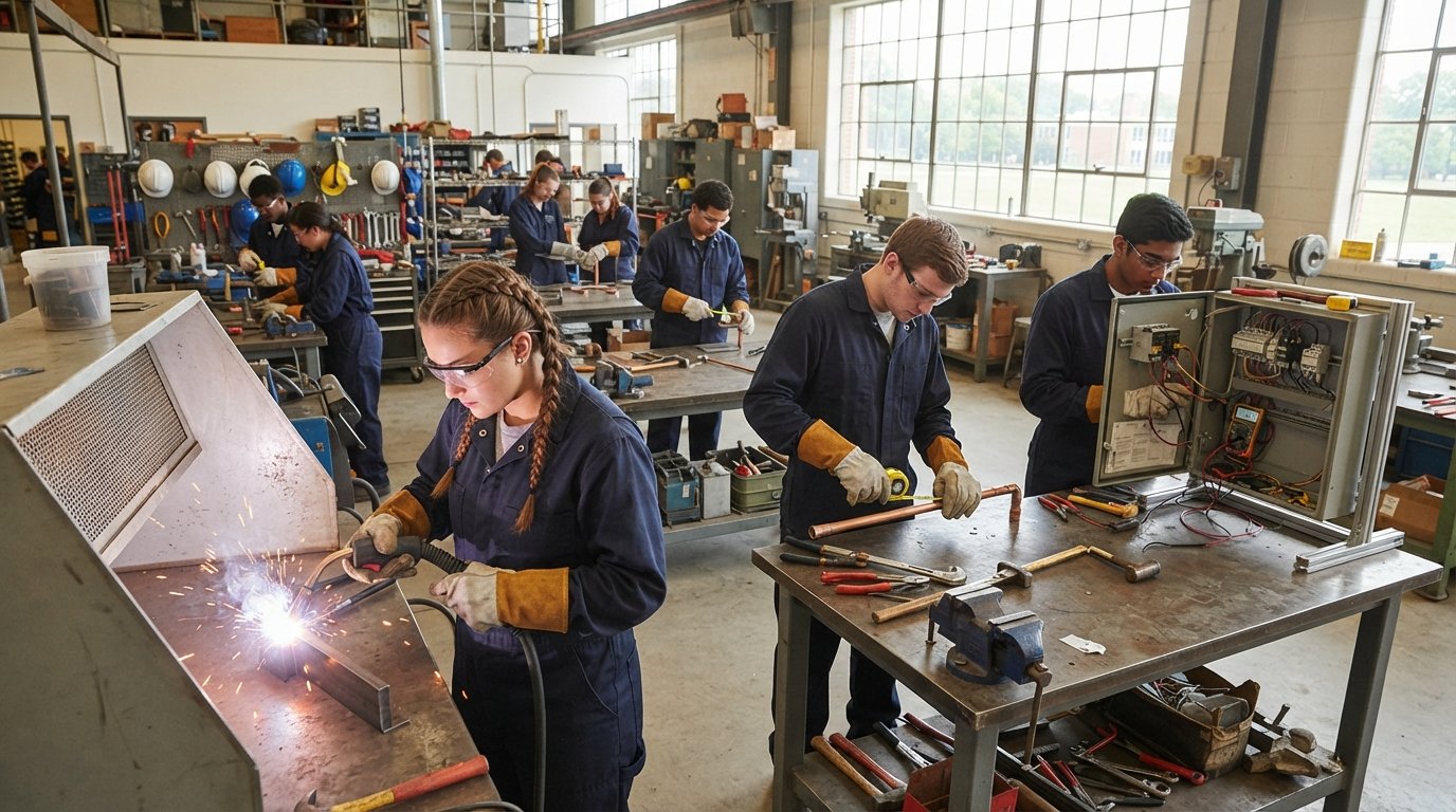 Students in safety glasses and coveralls weld, measure copper pipe, and inspect a circuit panel at workshop benches
