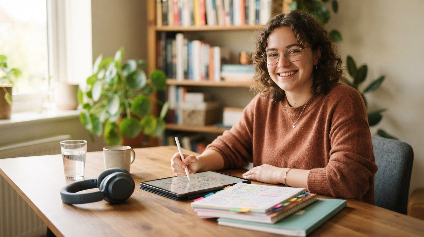 Young adult with dyslexia smiling at a sunlit desk, using a stylus on a tablet beside colorful notebooks and headphones