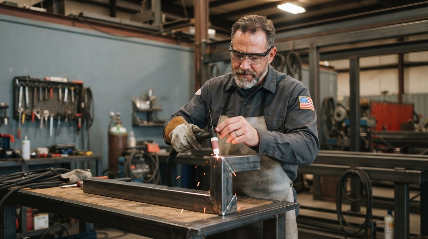 Veteran in safety goggles adjusts a welding torch in a modern workshop, with sparks glowing.