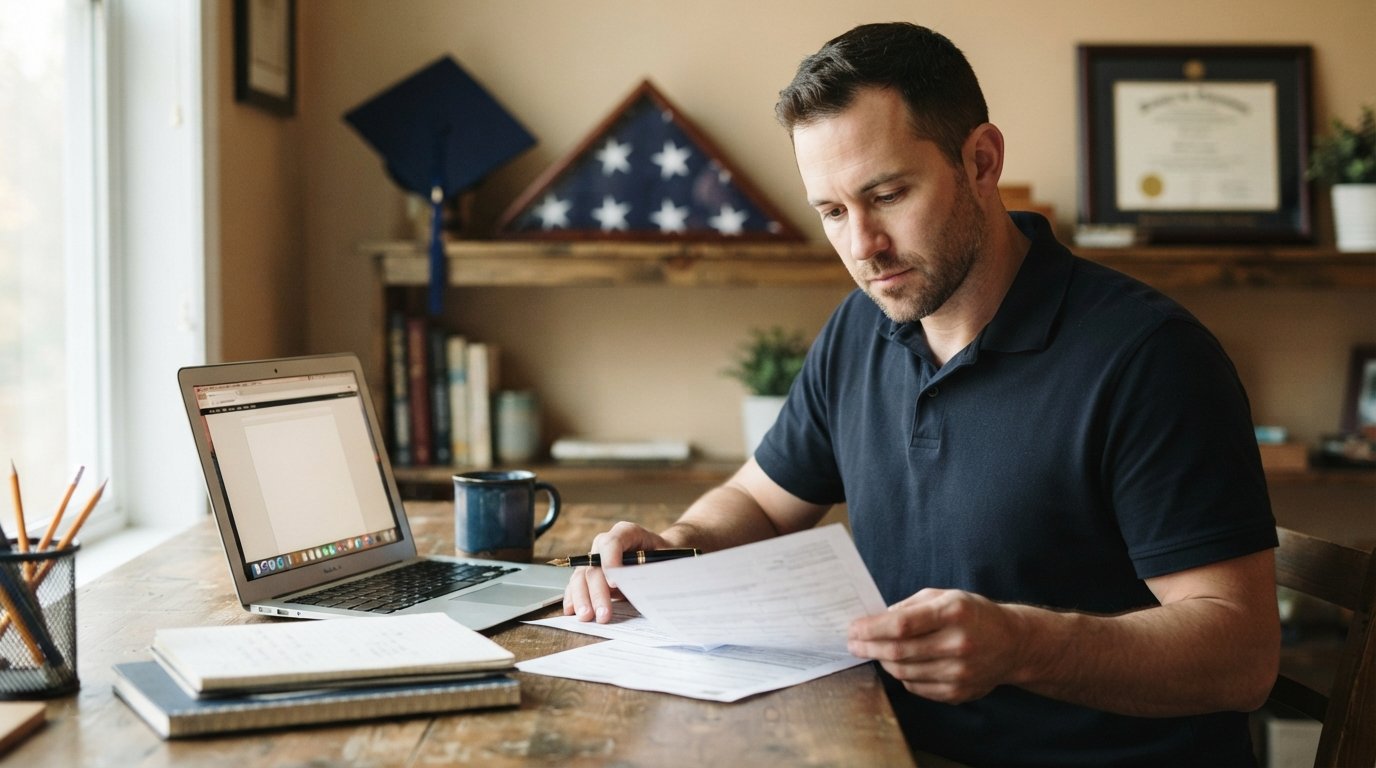Veteran in a dark polo shirt reviews financial aid paperwork at a wooden desk with a laptop, coffee mug, and notebooks; a…