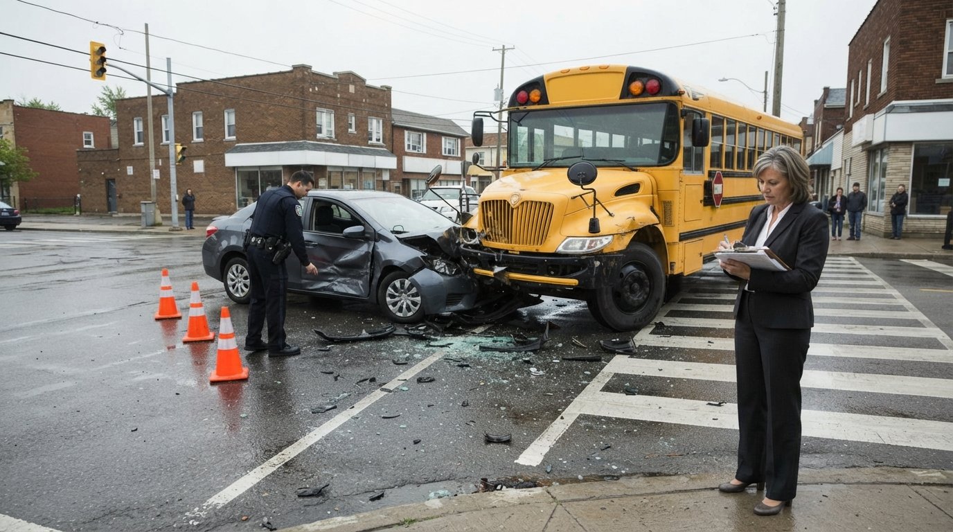 Yellow school bus with front-end damage stopped at an intersection beside a damaged sedan, with shattered glass and debris…
