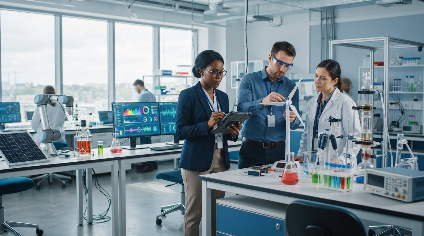 Three professionals in safety glasses review data visualizations at a workstation in a lab with a robotic arm, solar panel…