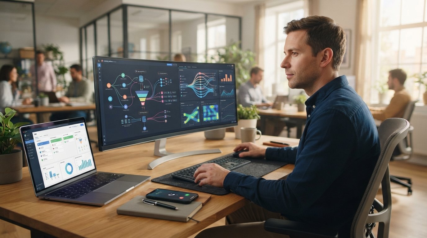 Man in blue shirt at desk reviewing monitor with connected platform diagrams and call dashboards, laptop and phone nearby