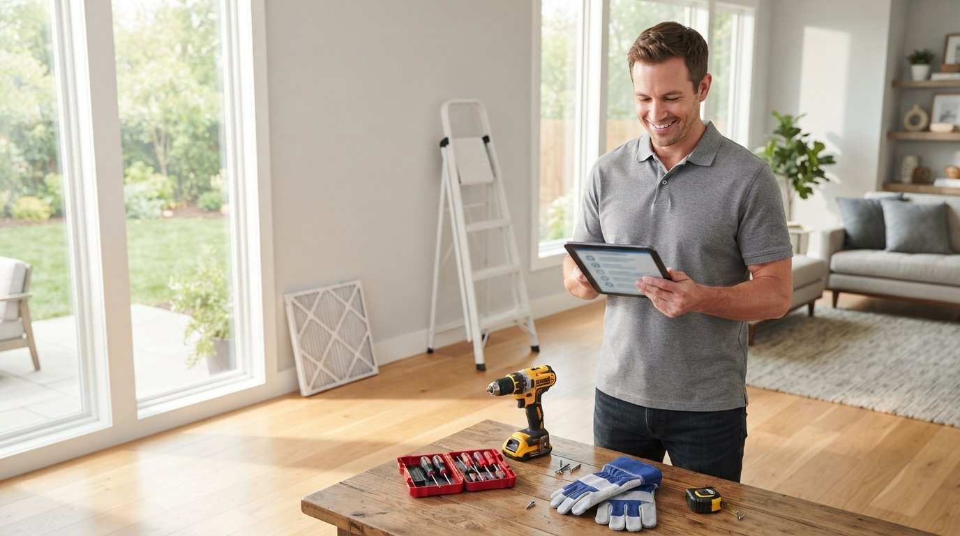 Homeowner in gray polo holding a tablet beside a ladder, tools, and an HVAC filter in a bright living room