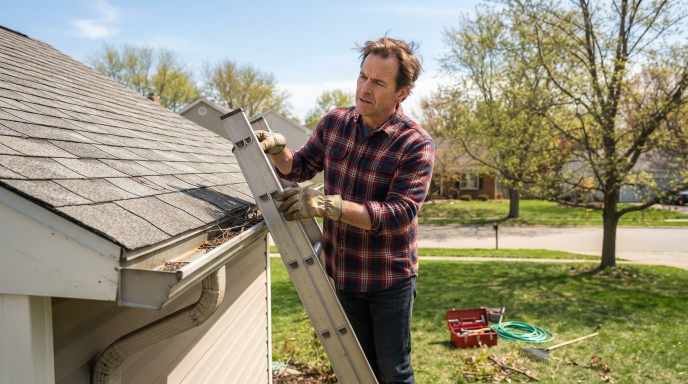 Man on a ladder checking roof shingles and gutter debris on a sunny spring morning