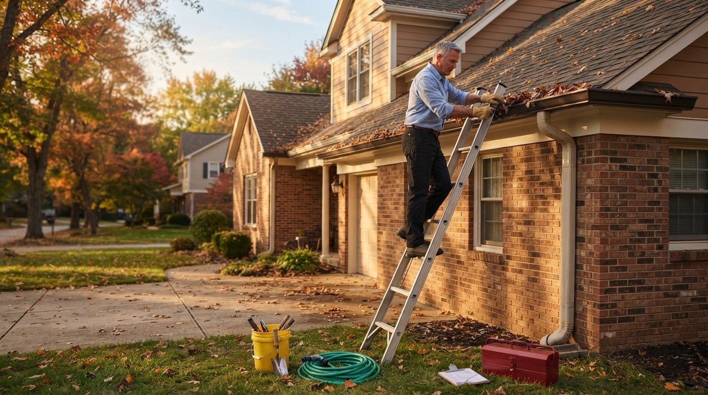 Homeowner in work gloves on a ladder clearing a rain gutter beside autumn leaves, with bucket, trowel, hose, and toolbox on…