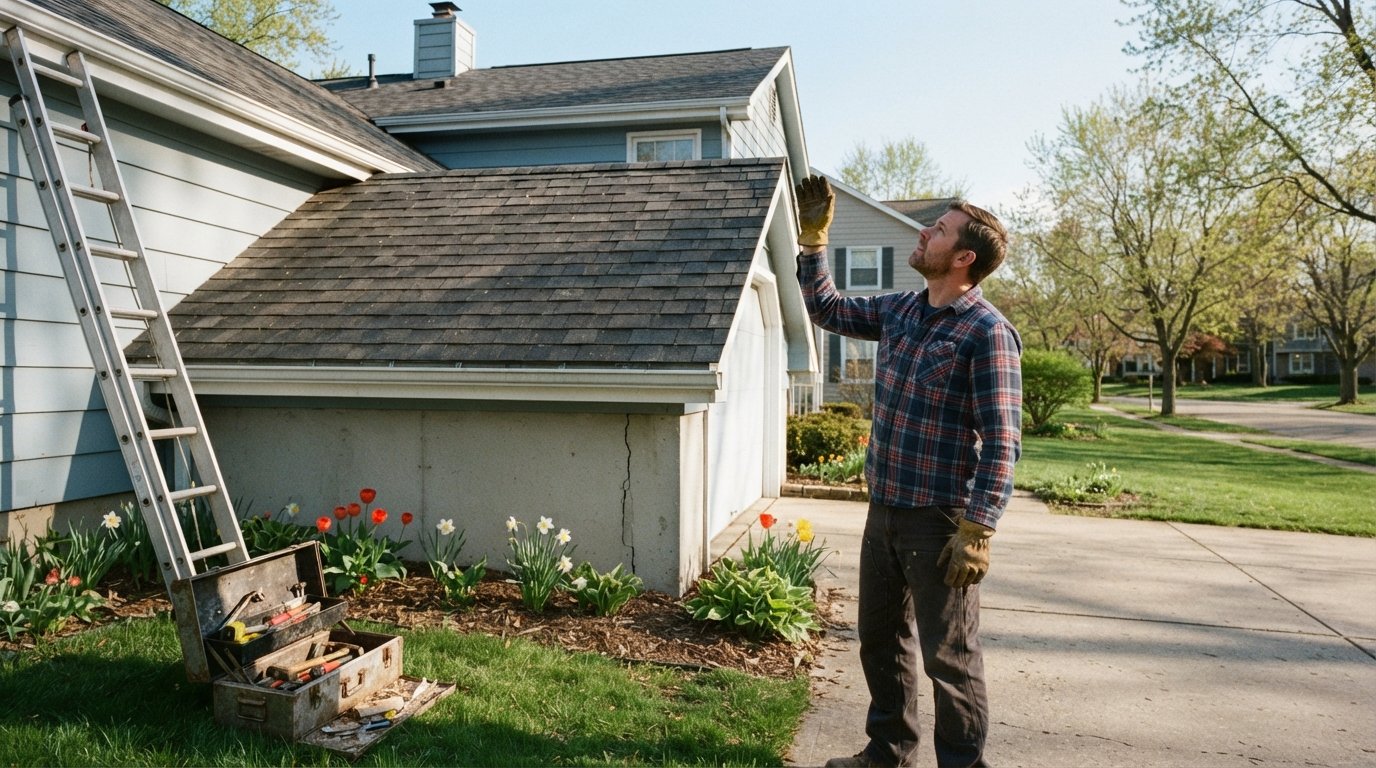 Homeowner in plaid shirt and work gloves inspecting the roofline and gutters of a two-story pale blue house, with a ladder…