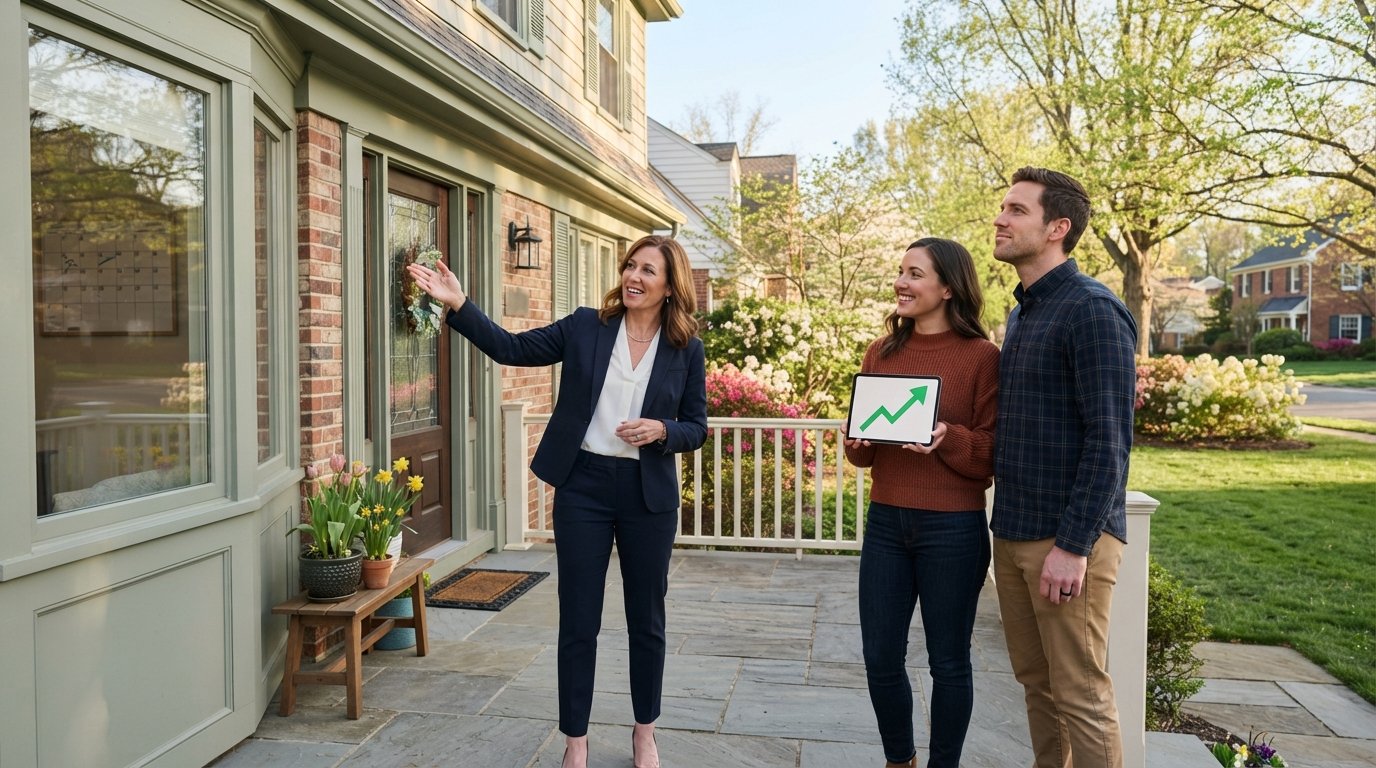 Couple on a suburban porch holding a tablet with an upward graph while a real estate agent gestures toward the for-sale…