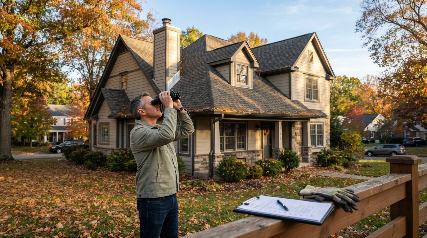 Homeowner in a light jacket stands in a yard holding binoculars, looking up at the asphalt shingle roof of a two-story…
