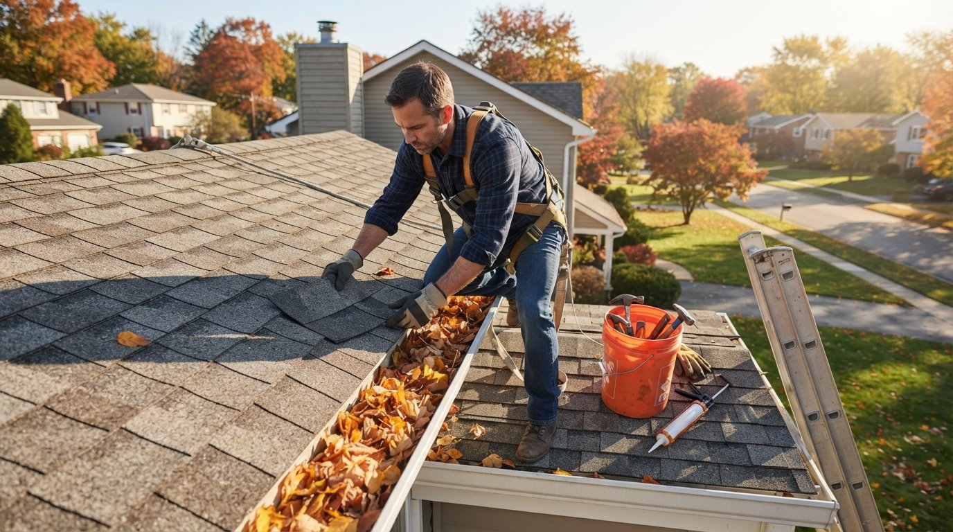 Homeowner in work gloves and safety harness inspecting a loose asphalt shingle on a suburban roof, with tools, ladder, and…