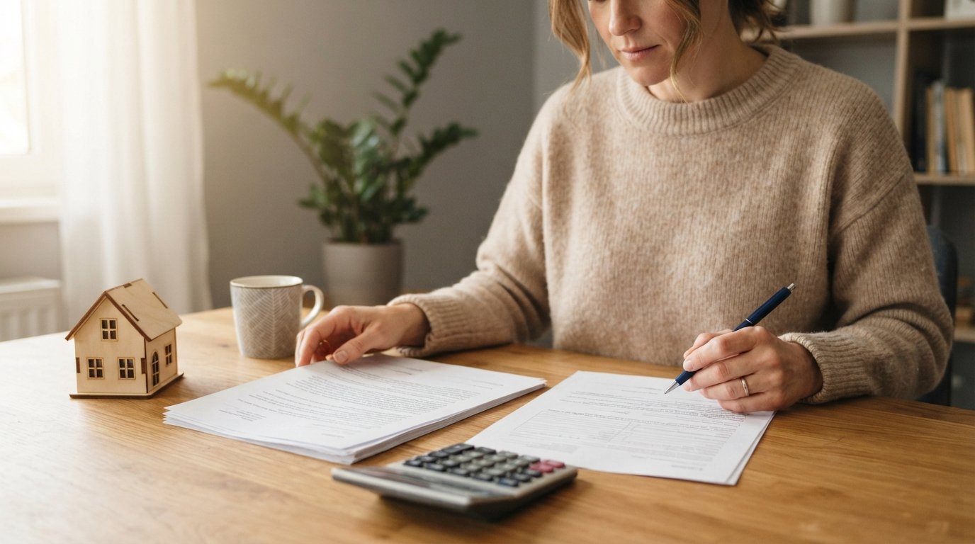 Two loan documents side by side on a wooden desk with a calculator, pen, small house model, and notes for comparing fixed…