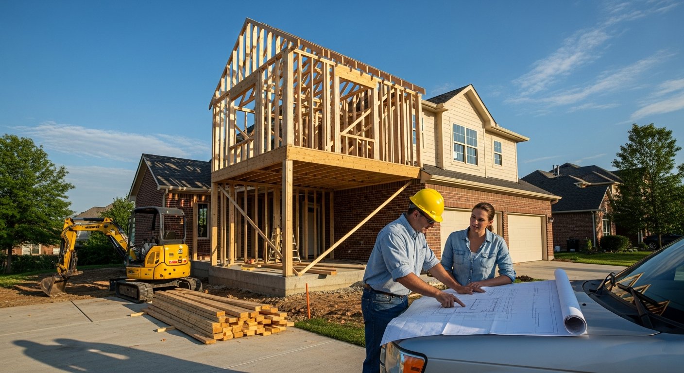Contractor in hard hat reviewing blueprints with homeowner in driveway beside two-story house under construction with…